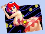  1girl absurdres arms_up ass bad_link blinky_(pac-man) blue_eyes breasts commentary dress highres large_breasts looking_at_another medium_hair minuspal no_bra no_panties open_mouth pac-man pac-man_(game) red_dress red_hair standing 