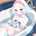  1girl absurdres bathing bathroom bathtub blue_eyes border breasts bubble completely_nude dodosako feet_out_of_frame from_above furina_(genshin_impact) genshin_impact hair_up heterochromia highres inset_border nude partially_submerged signature small_breasts smile solo surintendante_chevalmarin towel towel_on_head white_border 