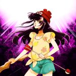 1girl arrow bangs bow_(weapon) collarbone eyelashes flat_chest floral_background floral_print green_shorts hibikileon holding holding_arrow holding_bow_(weapon) holding_weapon long_hair looking_at_viewer moon_(pokemon) pokemon pokemon_special purple_background purple_eyes purple_hair serious shirt short_sleeves shorts solo standing tied_shirt upper_body weapon yellow_shirt 