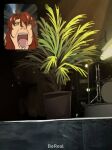 1boy argenti_(honkai:_star_rail) bereal commentary drum drum_set english_commentary fan_screaming_at_madison_beer_(meme) green_eyes highres honkai:_star_rail honkai_(series) inset instrument long_hair meme minmini open_mouth photo_background plant potted_plant red_hair screaming solo 