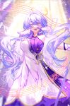  1girl absurdres aqua_eyes dress floating_hair gloves hair_between_eyes halo head_wings highres honkai:_star_rail honkai_(series) long_hair looking_at_viewer musical_note nosok_shidbx open_mouth purple_dress purple_hair robin_(honkai:_star_rail) smile solo standing teeth two-tone_dress upper_teeth_only white_dress white_gloves white_wings wings 