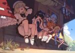  6+girls ? absurdres alice_margatroid american_flag_dress american_flag_legwear apron architecture beetle black_bow black_bowtie black_dress black_hair black_hat black_wings blonde_hair blue_bow blue_dress blue_eyes blue_hair blush bow bowtie bug capelet cirno closed_mouth cloud clownpiece collared_dress detached_wings dress dress_bow drill_hair east_asian_architecture flying frilled_bow frilled_skirt frills geta grass green_hair hair_bow hairband hakurei_reimu hat highres holding holding_leaf ice ice_wings instrument jester_cap kirisame_marisa komano_aunn leaf long_hair luna_child medium_hair multiple_girls music open_mouth orange_hair outdoors pebble playing_instrument rangque_(user_vjjs4748) red_capelet red_footwear red_hairband red_hat red_skirt shameimaru_aya shirt shoes short_hair shrine sitting skirt sky sleeveless sleeveless_dress star_sapphire sunny_milk tengu-geta touhou tree waist_apron white_apron white_dress white_footwear white_hat white_shirt wind_chime wings witch_hat 