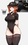  1girl black_leotard cameltoe character_request collared_shirt hat headpiece highres leotard makima_(chainsaw_man) mcdonald&#039;s orange_eyes orange_hair roblox shigezie shirt simple_background striped_clothes striped_thighhighs thick_thighs thighhighs thighs waitress white_background 