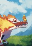  black_sclera blue_sky chufflepop closed_eyes cloud colored_sclera english_commentary fire grass highres looking_at_another no_humans on_grass open_mouth outdoors pokemon pokemon_(creature) skeledirge sky torchic yellow_eyes 