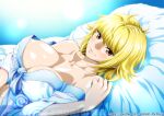  1girl blonde_hair blue_background breasts brown_eyes cleavage collarbone large_breasts lips looking_at_viewer lying marguerite_(one_piece) nel-zel_formula nipple_slip nipples on_back one_piece pillow short_hair smile solo upper_body 