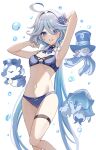  1girl ahoge armpits arms_up ascot blue_ascot blue_bra blue_panties bow bow_panties bra commentary feet_out_of_frame furina_(genshin_impact) genshin_impact hair_intakes harimoji highres navel panties solo standing stomach thigh_strap thighs underwear underwear_only 
