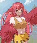  1girl absurdres animal_ears bare_shoulders bird_ears bird_legs borrowed_character breasts brown_tank_top cleavage coco_(eogks) commentary english_commentary ev_v1l feathers harpy highres long_hair looking_at_viewer medium_breasts midriff monster_girl navel original red_feathers red_hair red_wings skirt smile solo tank_top two-tone_wings very_long_hair winged_arms wings yellow_skirt 