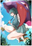  1girl absurdres ahoge bare_legs blue_dress blue_hair blush breasts dress geta highres holding holding_umbrella jumping kuraki large_breasts legs_folded long_sleeves looking_at_viewer outdoors profile red_eyes shirt sideways_glance solo sunlight tatara_kogasa thick_thighs thighs tongue touhou umbrella white_shirt 