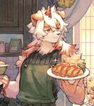  1boy 1girl apron arknights black_shirt bowl colored_tips commentary_request cupboard dragon_girl food furry furry_male green_apron highres holding holding_bowl holding_plate horns hung_(arknights) kitchen komainu_boy komainu_ears looking_at_viewer maeka_(kumaekake) male_focus mittens multicolored_hair muscular muscular_male nian_(arknights) official_art omelet omurice orange_eyes plate pointy_ears shirt single_horn sleeveless sleeveless_shirt sparkle window yostar 