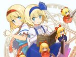  2girls alice_margatroid alice_margatroid_(pc-98) ascot bangs blonde_hair blue_dress blue_eyes blue_hairband blue_skirt book capelet doll dress eyebrows_visible_through_hair eyes_visible_through_eyewear frilled_ascot frilled_sash frills grimoire_of_alice hairband highres lance lolita_hairband looking_at_viewer magic_circle multiple_girls polearm puffy_short_sleeves puffy_sleeves red_hairband sash short_hair short_sleeves skirt string sword touhou weapon white_background white_capelet zenshin 