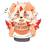  1boy arknights birthday_cake black_shirt cake chibi chinese_commentary colored_tips commentary_request fang food furry furry_male happy_birthday highres holding holding_plate horns hung_(arknights) komainu_boy komainu_ears male_focus multicolored_hair notice_lines open_mouth orange_eyes plate second-party_source shirt single_horn sleeveless sleeveless_shirt smile upper_body wang_yzzx white_background 