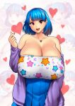  1girl absurdres bare_shoulders blue_hair blue_skirt breasts cleavage english_commentary erkaz gigantic_breasts hairband heart highres jacket jewelry long_sleeves looking_at_viewer necklace open_clothes open_jacket open_mouth original purple_jacket red_eyes rina_atherina short_hair skirt smile solo 