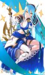  1girl aduti_momoyama axe azura_(fire_emblem) azura_(song&#039;s_reflection)_(fire_emblem) barefoot blue_hair breasts clothing_cutout dress fake_horns feet fingerless_gloves fire_emblem fire_emblem_fates fire_emblem_heroes gloves hair_between_eyes hairband highres horns jewelry juliet_sleeves long_hair long_sleeves looking_at_viewer medium_breasts puffy_sleeves smile solo stomach_cutout toes veil very_long_hair yellow_eyes 