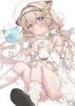  1girl angel_wings animal_ear_fluff animal_ears aqua_eyes bare_shoulders black_footwear blonde_hair blush bow cat_ears cat_tail detached_sleeves dress eip_(pepai) gauze hairband halo highres indie_virtual_youtuber kneehighs lace-trimmed_hairband lace_trim long_hair looking_at_viewer nekozaki_aira shoes simple_background sitting socks solo striped_bow tail torn torn_clothes torn_socks virtual_youtuber white_background white_dress white_hairband white_halo white_socks wings 