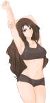  1girl altena_(fire_emblem) arm_up armpits bandana breasts brown_eyes brown_hair cleavage closed_mouth collarbone curvy facing_to_the_side fire_emblem fire_emblem:_genealogy_of_the_holy_war fire_emblem:_thracia_776 fire_emblem_heroes gym_shorts gym_uniform highres large_breasts long_hair looking_at_viewer navel shorts smile solo stretch stretched_limb thick_thighs thighs transparent_background tridisart very_long_hair wide_hips 