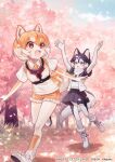  2girls animal_ears arms_up black_fur black_hair black_jacket black_skirt blue_eyes blush boots brown_eyes brown_gloves brown_necktie brown_shorts brown_socks brown_vest cherry_blossoms collarbone dog_(shiba_inu)_(kemono_friends) dog_ears dog_girl dog_tail elbow_gloves extra_ears frilled_shorts frills fur_trim gloves grey_pantyhose hair_between_eyes harness highres jacket japari_symbol kemono_friends kemono_friends_3 light_brown_hair multicolored_clothes multicolored_hair multicolored_jacket multiple_girls necktie official_art open_clothes open_jacket open_mouth pantyhose pleated_skirt sacanahen scarf shirt shoes short_hair short_shorts short_sleeves shorts siberian_husky_(kemono_friends) sidelocks skirt smile sneakers socks sweater t-shirt tail two-tone_gloves two-tone_hair two-tone_jacket two-tone_panties two-tone_socks two-tone_vest vest white_footwear white_fur white_gloves white_hair white_jacket white_pantyhose white_scarf white_shirt white_socks white_sweater white_vest 