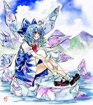  1girl ankle_socks blue_eyes blue_hair blush bow cirno cloud color_ink_(medium) commentary dress hair_bow highres holding_own_arm ice ice_wings kabaji lake mary_janes mountain open_mouth outdoors shikishi shoes short_hair signature sitting sky socks solo touhou traditional_media water wings 
