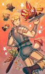  1boy armor artist_name blonde_hair boots bracer brown_footwear brown_pants chibi chilchuck_tims closed_mouth coin crab dungeon_meshi food gradient_background hand_up highres holding holding_tray jewelry laios_touden licking_lips looking_at_viewer looking_back mandrake_(dungeon_meshi) marcille_donato necklace oneirio orange_background pants pauldrons pearl_necklace pie red_background senshi_(dungeon_meshi) shooting_star short_hair shoulder_armor standing standing_on_one_leg star_(symbol) tongue tongue_out tray twitter_username undercut very_short_hair walking_mushroom_(dungeon_meshi) watermark yellow_eyes 
