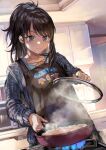  1girl apron black_hair blue_fire brown_apron collarbone cooking dumpling fire food frying_pan grey_sweater highres holding holding_frying_pan holding_lid idolmaster idolmaster_shiny_colors indoors jiaozi kazano_hiori kitchen long_sleeves mole mole_under_mouth otsudou purple_eyes solo steam sweater tokyo_sports 