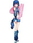  1girl artist_request bare_shoulders blue_eyes blue_hat blue_shirt blue_shorts closed_mouth denim denonbu detached_sleeves full_body fur_hat hand_on_own_leg hat leg_warmers long_hair long_sleeves looking_at_viewer navel official_art pink_hair second-party_source shirt shoes short_shorts shorts sidelocks smile solo standing tachi-e translation_request transparent_background ushio_milia 
