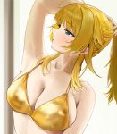  1girl absurdres ahoge arm_up armpits bikini blush breasts cleavage collarbone commentary gold_bikini hachimiya_meguru highres holding holding_hair idolmaster idolmaster_shiny_colors large_breasts long_hair looking_to_the_side pdal_(pdalhhh) sideboob solo swimsuit upper_body 