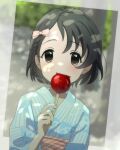  1girl alternate_costume black_hair blue_kimono blurry blurry_background blush bow braid candy candy_apple food hair_bow highres holding holding_candy holding_food idolmaster idolmaster_cinderella_girls japanese_clothes kimono looking_at_viewer megabee_e obi outdoors sasaki_chie sash short_hair solo twitter_username upper_body 