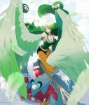  1girl bare_shoulders bird_legs breasts cleavage clothes_writing commentary commission crop_top feather_coat feathered_wings feathers green_feathers green_hair green_tank_top green_wings harpy highres iron_bundle large_breasts long_hair looking_at_viewer midriff monet_(one_piece) monster_girl one_piece pokemon pokemon_(creature) smile snow standing standing_on_another&#039;s_head standing_on_one_leg startboii striped_clothes striped_leggings talons tank_top winged_arms wings yellow_eyes 