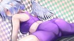  1girl alternate_costume aqua_background argyle_background ass back bare_shoulders blush braid breasts cameltoe closed_mouth commentary_request cowboy_shot exercising feathered_wings from_behind hair_between_eyes kishin_sagume large_breasts looking_at_viewer looking_back medium_hair niradama_(nira2ratama) purple_background purple_shorts purple_sports_bra red_eyes shorts sidelocks single_wing skindentation solo sports_bra sweat touhou very_sweaty white_background white_hair white_wings wings 