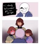 ambiguous_gender animated_skeleton bone brown_hair chara_(undertale) cinclyn comic deltarune dialogue digital_drawing_(artwork) digital_media_(artwork) english_text frisk_(undertale) gaze group hair hi_res human humanoid kris_(deltarune) male mammal nervous_sweat one_eye_closed red_eyes sans_(undertale) simple_background skeleton smile speech_bubble stare text undead undertale undertale_(series) upper_body watermark wink