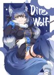  1girl animal_ears blue_hair bow bowtie dire_wolf_(kemono_friends) extra_ears garter_straps gloves grey_hair highres jacket kemono_friends kemono_friends_v_project lipstick long_hair looking_at_viewer makeup ribbon shoes simple_background skirt solo tail thighhighs twintails virtual_youtuber wolf_ears wolf_girl wolf_tail yamaguchi_yoshimi 