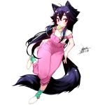  1girl animal_ears black_hair bubble_blowing chewing_gum dated ejami ekko_(ejami) fox_ears fox_girl fox_tail full_body long_hair off_shoulder original overalls pink_overalls red_eyes shirt signature tail very_long_hair 