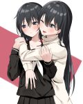  2girls :/ ;d bangs black_eyes black_hair black_sailor_collar black_serafuku black_shirt blush closed_mouth commentary_request eyebrows_visible_through_hair hair_ribbon hand_on_another&#039;s_stomach highres hug long_hair long_sleeves looking_at_another looking_away looking_down multiple_girls neckerchief one_eye_closed open_mouth original piripun ribbon sailor_collar school_uniform serafuku shirt smile straight_hair sweater turtleneck turtleneck_sweater two-tone_background upper_body very_long_hair white_neckwear white_sweater yuri 