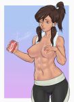  1girl abs ass_visible_through_thighs asura_(asurauser) avatar_(series) blue_eyes breasts brown_hair cameltoe can coca-cola collarbone commission dark_skin element_bending hair_tubes highres korra lips long_hair medium_breasts muscle muscular_female nipples nose one_eye_closed outside_border pants ponytail product_placement puffy_nipples sidelocks soda_can solo sweat sweating_profusely the_legend_of_korra toned topknot topless towel towel_around_neck yoga_pants 