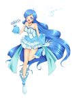  1girl absurdres beautiful_witch_sakuran blue_dress blue_eyes blue_footwear blue_gloves blue_hair dress frilled_dress frills full_body gloves hair_ornament highres houshou_hanon idol jewelry long_hair looking_at_viewer mermaid_melody_pichi_pichi_pitch microphone necklace one_eye_closed signature simple_background smile solo star star_hair_ornament wavy_hair white_background 