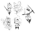  aerie_(bravely_default) ass bow bravely_default:_flying_fairy bravely_default_(series) breasts closed_mouth commentary_request dress edea_lee fairy gloves hair_bow highres long_hair looking_at_viewer monochrome multiple_girls navel pointy_ears simple_background smile strapless strapless_dress sword tsukudani_(coke-buta) weapon white_background wings 