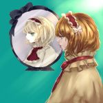  alice_margatroid art_shift ascot blonde_hair blue_background blue_eyes bow capelet closed_mouth hair_bow hairband heart heart-shaped_pupils inishie_kumo midriff parted_lips pink_lips red_hairband reflection short_hair symbol-shaped_pupils touhou white_bow white_capelet 