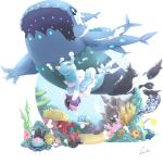  brionne bruxish chinese_commentary cloyster commentary_request corsola creature fish gen_1_pokemon gen_2_pokemon gen_3_pokemon gen_7_pokemon highres holding holding_pokemon horsea littlelluu no_humans octillery pokemon pokemon_(creature) pyukumuku shellder underwater water wishiwashi 