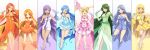  6+girls absurdres ahoge arm_up bangs bare_shoulders beautiful_witch_sakuran blonde_hair blue_background blue_dress blue_eyes blue_footwear blue_gloves blue_hair blunt_bangs caren_(mermaid_melody_pichi_pichi_pitch) coco_(mermaid_melody_pichi_pichi_pitch) commentary_request dress drill_hair elbow_gloves eyebrows_visible_through_hair frilled_dress frills full_body gloves gradient gradient_background green_background green_dress green_eyes green_gloves green_hair hair_intakes hair_ornament hairband hand_on_hip highres houshou_hanon idol jewelry lips long_hair looking_at_viewer mermaid_melody_pichi_pichi_pitch microphone multiple_girls nanami_lucia necklace noel_(mermaid_melody_pichi_pichi_pitch) one_eye_closed orange_background orange_dress orange_eyes orange_footwear orange_gloves orange_hair pink_background pink_dress pink_footwear pink_gloves purple_background purple_eyes purple_hair sandals sara_(mermaid_melody_pichi_pichi_pitch) seira_(mermaid_melody_pichi_pichi_pitch) short_dress signature simple_background slippers smile sparkle split_theme standing star star_hair_ornament swept_bangs tan touin_rina turtleneck twintails wavy_hair white_background white_dress white_footwear white_gloves yellow_background yellow_dress yellow_eyes yellow_footwear yellow_gloves 