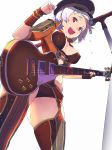  1girl :d black_headwear bra bracelet breasts brown_bra brown_panties covered_nipples electric_guitar flying_sweatdrops from_below garter_belt guitar hand_up hat highres hisho_collection holding holding_instrument instrument jewelry les_paul looking_at_viewer looking_down medium_breasts microphone microphone_stand music nagisa_kurousagi open_mouth panties playing_instrument red_eyes short_hair simple_background smile standing thighhighs underwear white_background white_hair wristband 