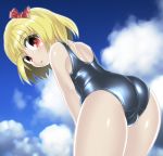  ass back bangs bare_arms bare_shoulders blonde_hair bow cloud day eyebrows_visible_through_hair from_behind hair_bow leaning_forward looking_at_viewer looking_back medium_hair one-piece_swimsuit outdoors parted_lips red_eyes rumia school_swimsuit shiny shiny_clothes shiny_skin shoulder_blades skindentation sky swimsuit touhou winn 
