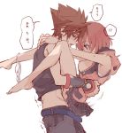 1boy 1girl arms_around_neck barefoot breasts breasts_outside clothed_sex hetero kairi_(kingdom_hearts) kingdom_hearts kingdom_hearts_iii leg_wrap looking_at_another medium_breasts nipples panties panties_around_one_leg ramochi_(auti) sex short_hair sleeveless sora_(kingdom_hearts) speech_bubble spiked_hair suspended_congress tank_top translation_request underwear 