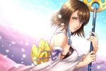  1girl black_bra blue_eyes bra breasts brown_hair closed_mouth detached_sleeves final_fantasy final_fantasy_x green_eyes hair_ornament heterochromia holding japanese_clothes jewelry looking_at_viewer pirapom short_hair sideboob solo staff underwear yuna_(ff10) 