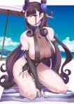  1girl absurdres amethyst_(gemstone) bangs bare_shoulders beach beach_umbrella black_swimsuit blush breasts bridal_gauntlets brown_hair double_bun fate/grand_order fate_(series) frills gem highleg highleg_swimsuit highres kneeling large_breasts long_hair looking_at_viewer murasaki_shikibu_(fate) one-piece_swimsuit parted_lips purple_eyes shiroi_ume sideboob solo swimsuit thighs two_side_up umbrella very_long_hair 