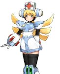  1girl android blonde_hair blue_eyes breasts byte_(grunty-hag1) cinnamon closed_mouth commentary_request green_eyes hat helmet long_hair looking_at_viewer nurse nurse_cap robot robot_ears rockman rockman_x rockman_x_command_mission simple_background smile solo thighhighs white_background 