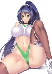  1girl blue_hair breasts cameltoe crop_top elbow_gloves gloves green_eyes highleg highleg_panties impossible_clothes impossible_shirt large_breasts looking_at_viewer nagase_haruhito navel original panties ponytail shirt solo thighhighs thong underwear 