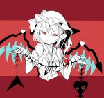  1girl cropped_torso crystal fish_skeleton flandre_scarlet hat heart highres holding laevatein long_hair ma_sakasama mob_cap neckerchief pointy_ears red_background red_eyes shirt short_sleeves side_ponytail solo spot_color striped striped_background touhou upper_body wings 