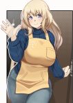  1girl alternate_costume apron atago_(kantai_collection) bangs blonde_hair blue_sweater breasts casual commentary_request cowboy_shot denim doorway halftone halftone_background hand_up highres jeans kantai_collection large_breasts long_hair long_sleeves looking_at_viewer mature outside_border pale_skin pants purple_eyes ribbed_sweater ryuun_(stiil) smile solo sweater tareme waving yellow_apron 