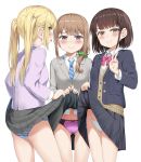  &gt;:) 3girls :p ass ass_visible_through_thighs bangs black_jacket black_skirt blazer blonde_hair blue_neckwear blue_panties blush bow bowtie breasts brown_eyes brown_hair collared_shirt commentary_request eyebrows_visible_through_hair green_eyes grey_jacket hair_over_shoulder highres jacket lifted_by_self long_hair long_sleeves low_ponytail miniskirt multiple_girls navel nedia_(nedia_region) open_clothes open_jacket original panties pink_bow pink_jacket pink_neckwear pink_panties purple_eyes shirt short_hair side-tie_panties simple_background skirt skirt_lift small_breasts smile smug striped striped_neckwear striped_panties thighs tongue tongue_out twintails underwear upskirt v v-shaped_eyebrows wavy_mouth white_background white_panties white_shirt 