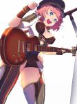  1girl :d black_headwear blue_eyes bra bracelet breasts brown_bra brown_panties covered_nipples electric_guitar flying_sweatdrops from_below garter_belt guitar hand_up hat highres hisho_collection holding holding_instrument instrument jewelry les_paul looking_at_viewer looking_down medium_breasts microphone microphone_stand music nagisa_kurousagi open_mouth panties pink_hair playing_instrument short_hair simple_background smile standing thighhighs underwear white_background wristband 