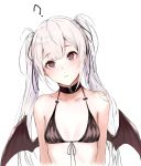  1girl :&lt; ? bangs bare_shoulders bikini black_bikini black_choker black_ribbon black_wings blush breasts choker closed_mouth collarbone commentary_request demon_girl demon_wings eyebrows_visible_through_hair fang fang_out front-tie_bikini front-tie_top head_tilt highres hong_jo long_hair original red_eyes ribbon silver_hair simple_background slit_pupils small_breasts solo swimsuit twintails upper_body very_long_hair white_background wings 